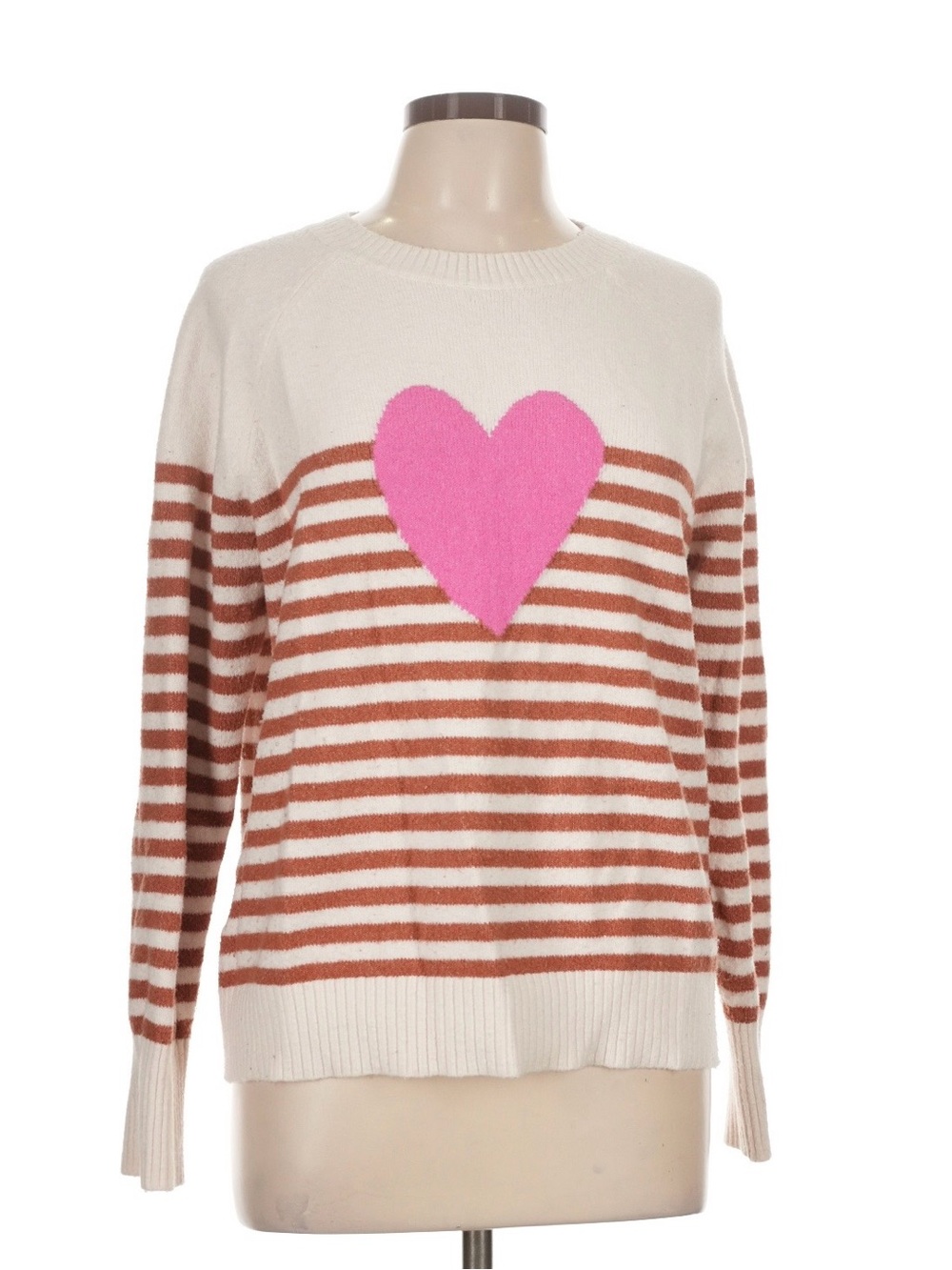 LOFT Cream & Brown Striped Sweater with Pink Heart